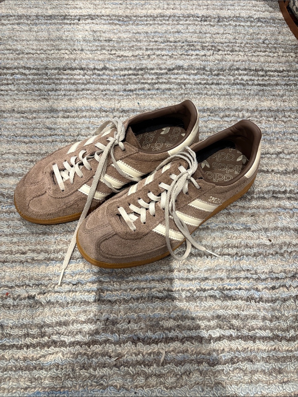 adidas Suede Athletic Sneakers in Taupe and White with Gum Sole